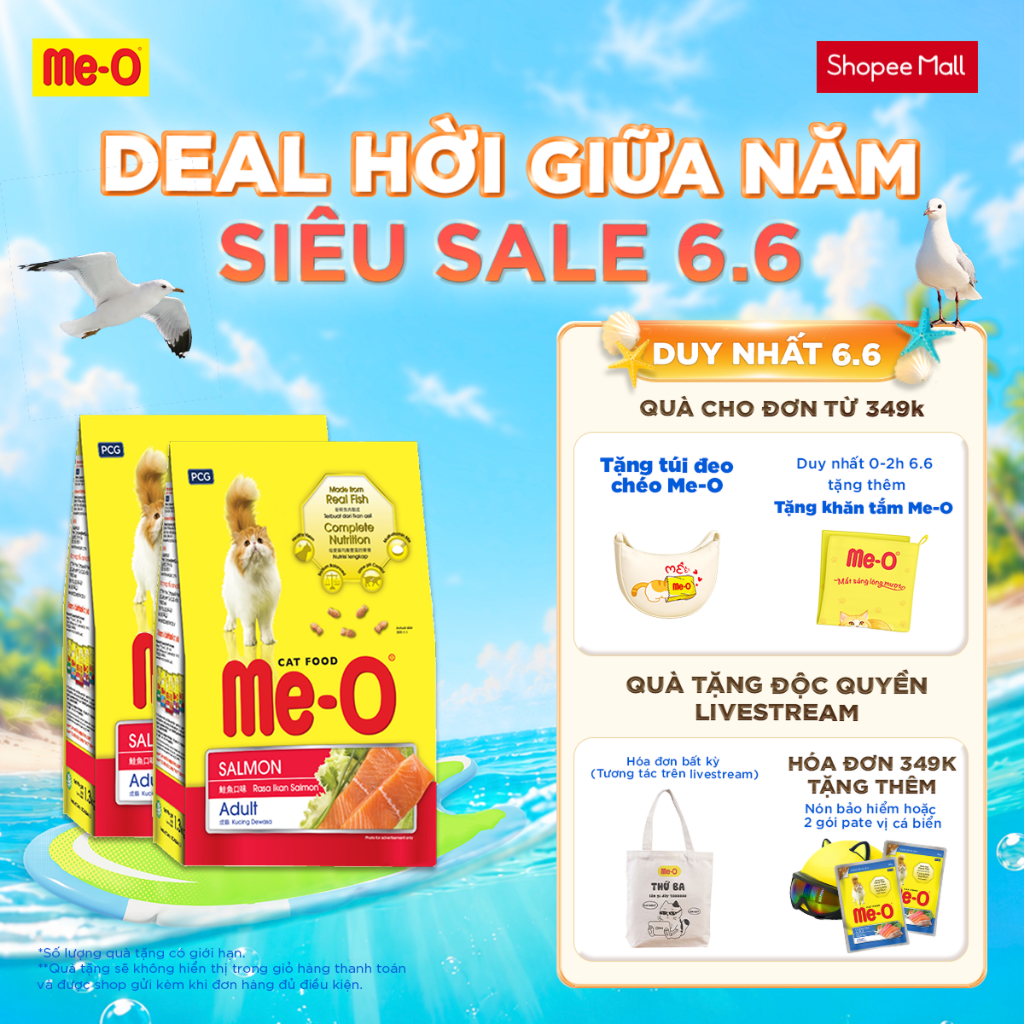 [Live 21H-23H] Combo 2 bịch Thức ăn cho mèo Me-O, hạt cho mèo vị cá hồi (gói 400grx2)