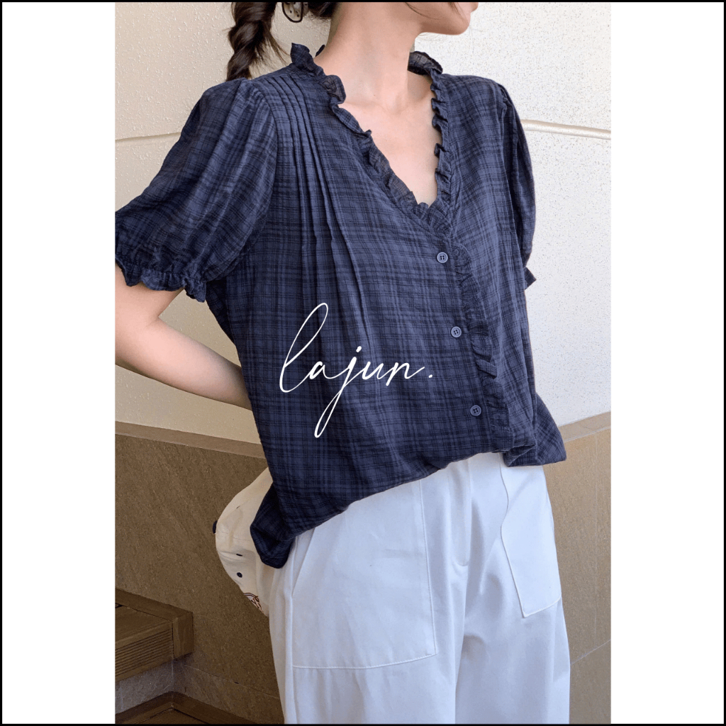 [LAJUN KOREA] Áo Blouse Nerin Cổ V Bèo Nhún Tay Phồng Form Suông Rộng Thoải Mái Chất Vải Mỏng Nhẹ Má