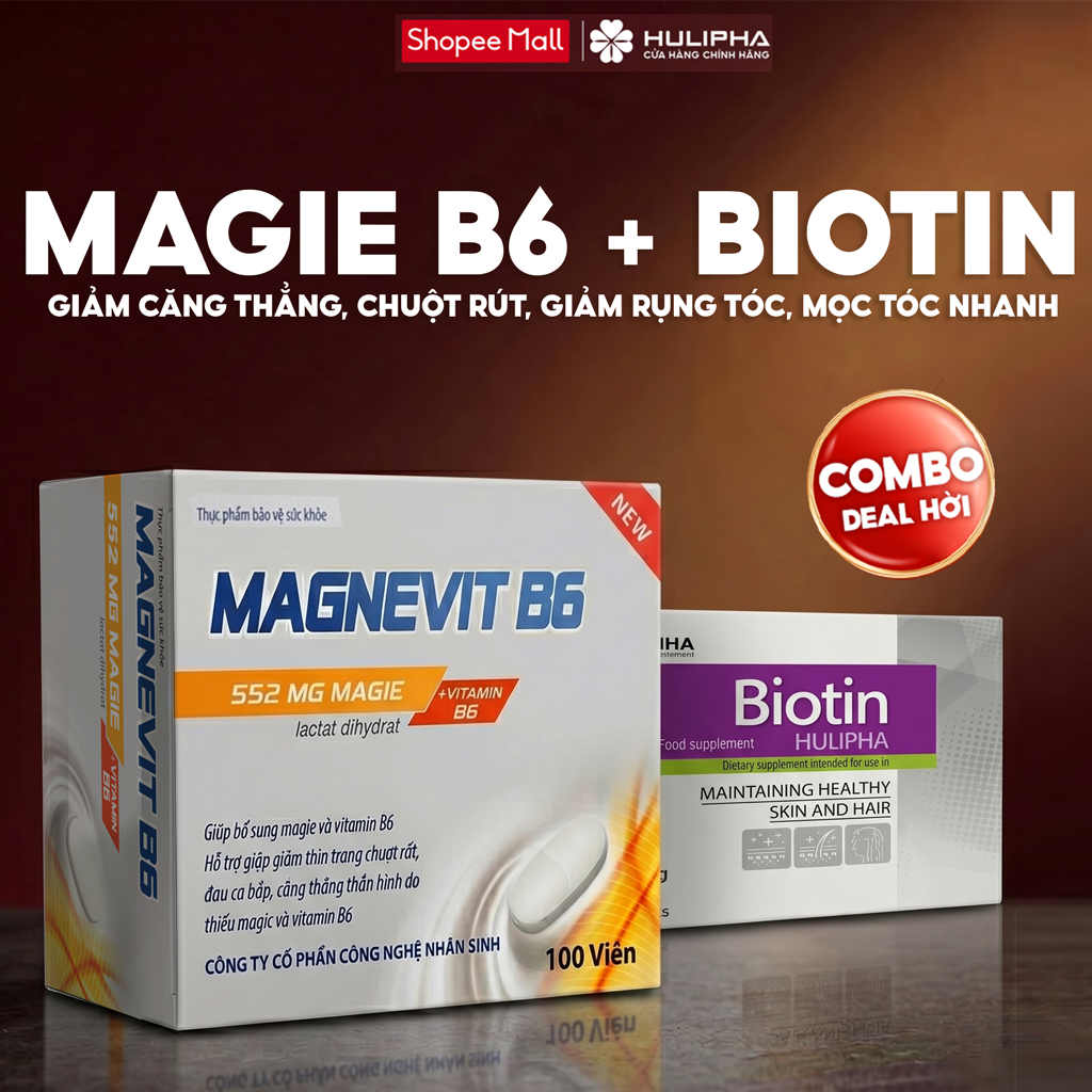 COMBO Magie B6 Và Biotin  HULIPHA - Hỗ Trợ Giảm Căng Thẳng, Chuột Rút, Lo Âu, Stress, Ngủ Ngon - Giả