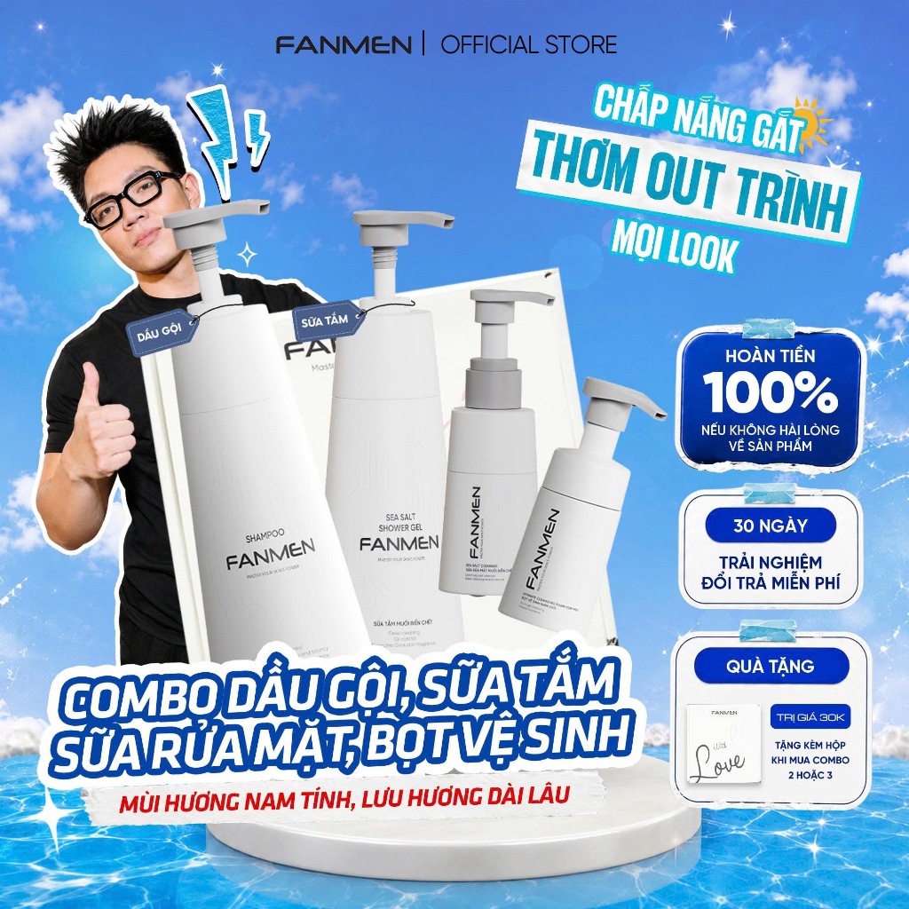 [Combo Tự Tin] Dầu gội sạch gàu Fanmen, Sữa rửa mặt sạch sâu kiềm dầu, Sữa tắm hương nam tính, Bọt v