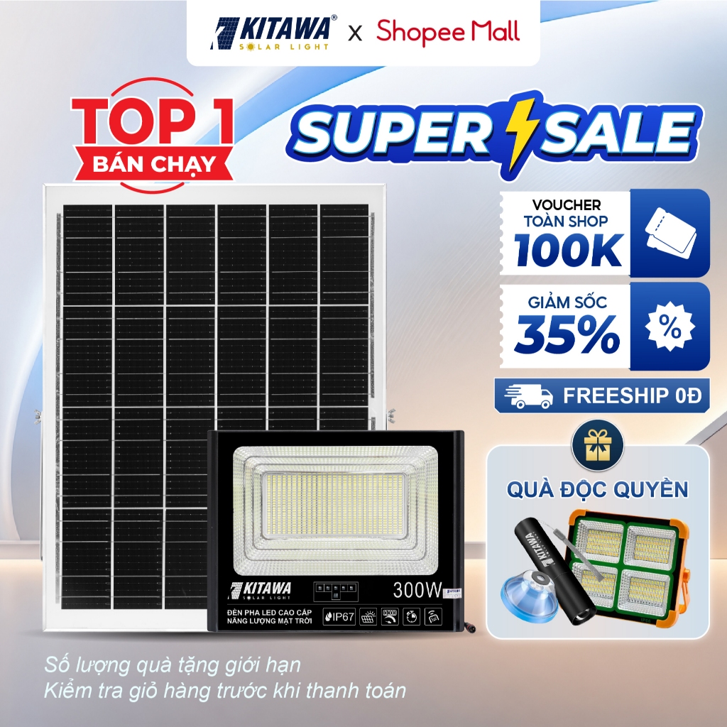 Đèn Pha Năng Lượng Mặt Trời Kitawa 300W; Bảo Hành 3 Năm; Chống Nước Ip67