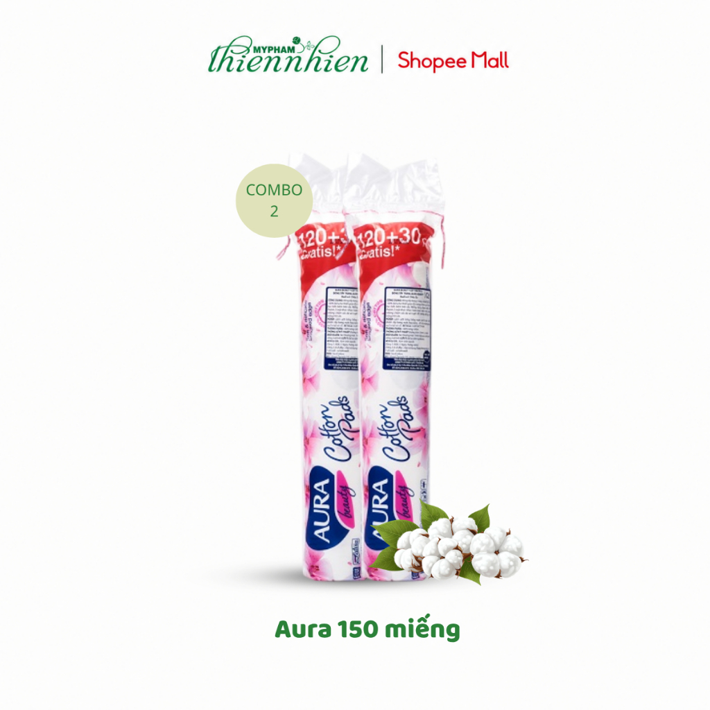 Combo 2 Bông tẩy trang Aura Cotton mềm mịn không xơ 150 miếng