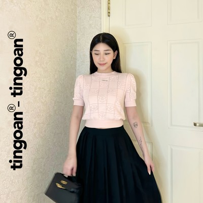 [ KOL ]TINGOAN® - Áo len siêu mỏng có logo TINGOAN® ngắn tay cổ tròn vân hoa FLOWER TOP