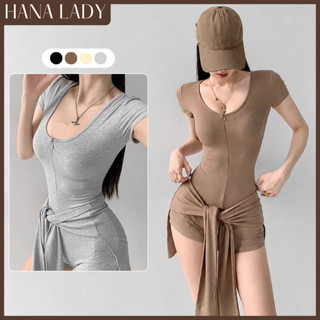 Bodysuit Tay Ngắn Năng Động - Jumpsuit Thể Thao Có Khoá Kéo Kèm Khăn Quấn Eo HanaLady - BTG07