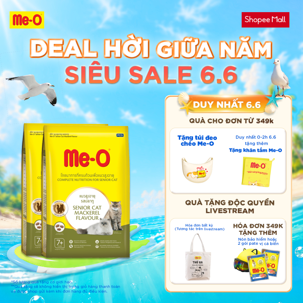 [Live 21H-23H] Combo 2 bịch Thức ăn cho mèo già Me-O, hạt cho mèo trên 7 tuổi vị cá thu (gói 400grx2