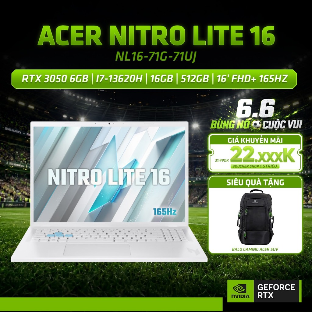 Laptop Gaming Acer Nitro Lite 16 NL16-71G-71UJ – i7 Gen 13, RTX 3050, màn 16″ 165Hz