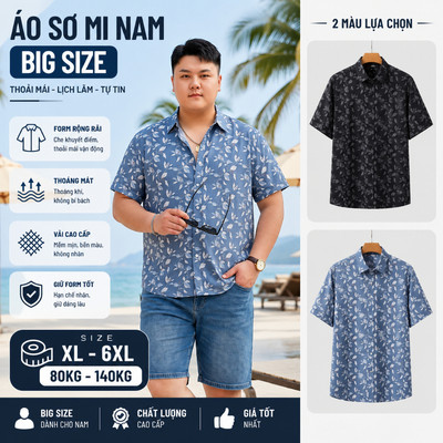 Áo Sơ Mi Cộc Tay Bigsize Nam 80-140kg AKYOO Cao Cấp, Không Bai Mờ, Không Gây Khó Chịu Khi Mặc - SM COC XANH, COC THAN