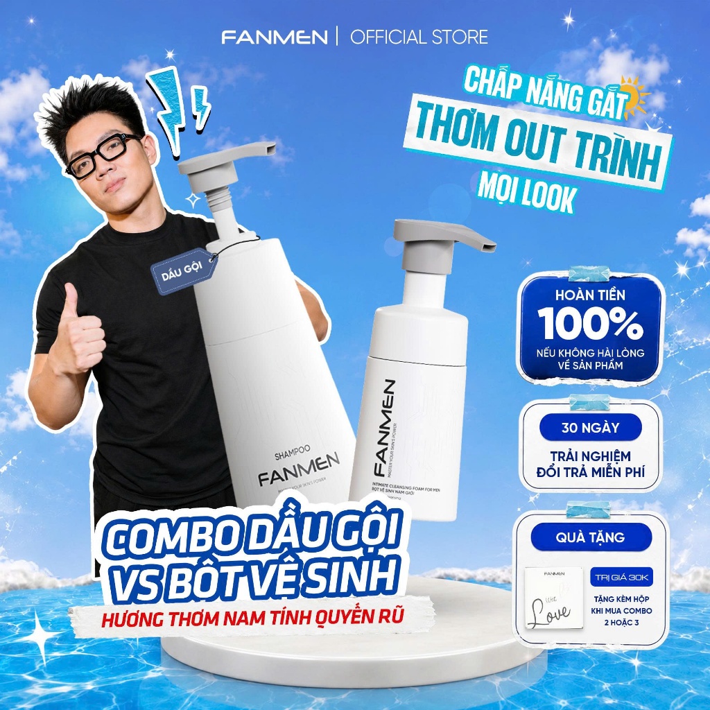 [Combo Tươi Mới] Dầu gội sạch gàu dưỡng tóc cho nam Fanmen 350ml và Bọt vệ sinh nam làm sạch toàn di