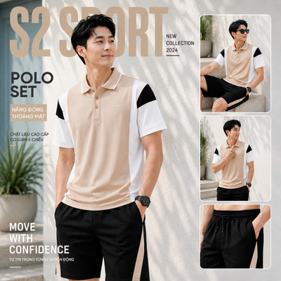 Bộ quần áo nam S2 SPORT mặc hè cổ bẻ tay ngắn, bộ thể thao nam kẻ sọc viền vai cotton CVC - BTT01