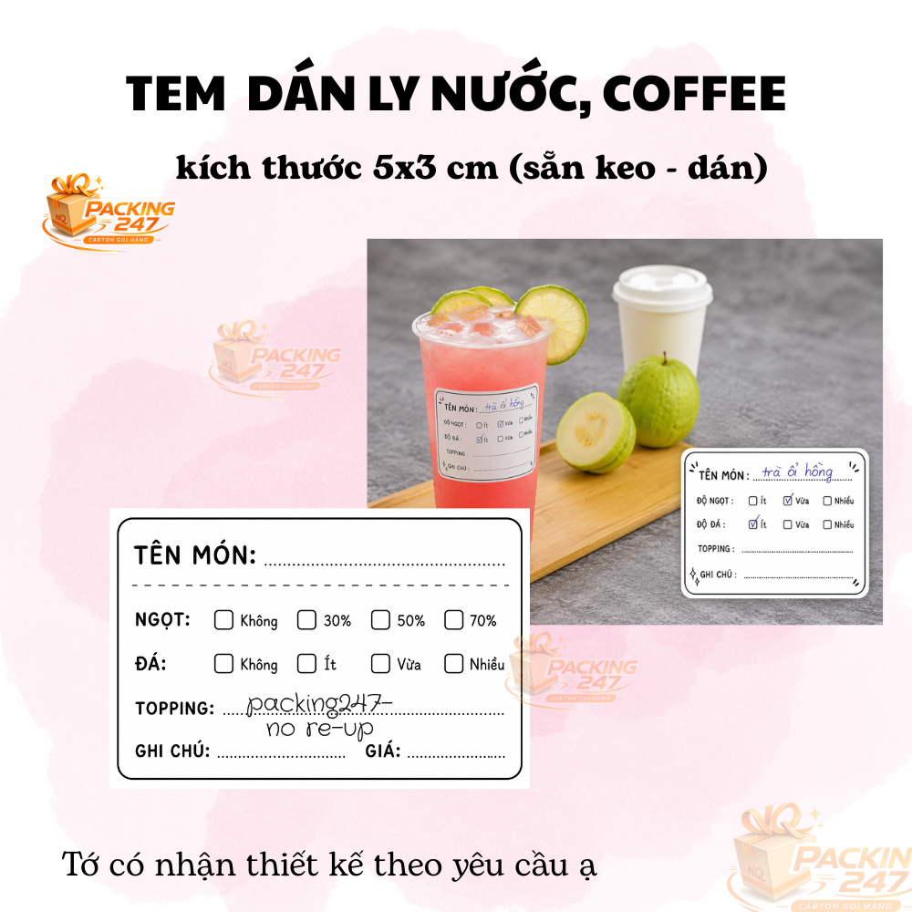 Chống nước/ Tem Ghi Chú Dán Ly Trà Sữa, Cà Phê, Matcha Latte | Sticker Bóc Dán 1 Lần | Thiết Kế Theo