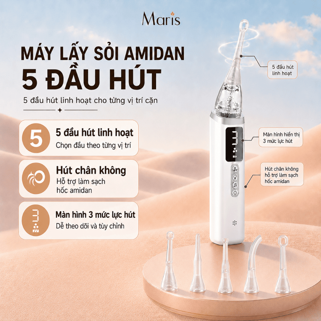 Máy lấy sỏi amidan 5 đầu hút đa năng giúp làm sạch sỏi nhanh và an toàn, hỗ trợ khử mùi hôi miệng CS