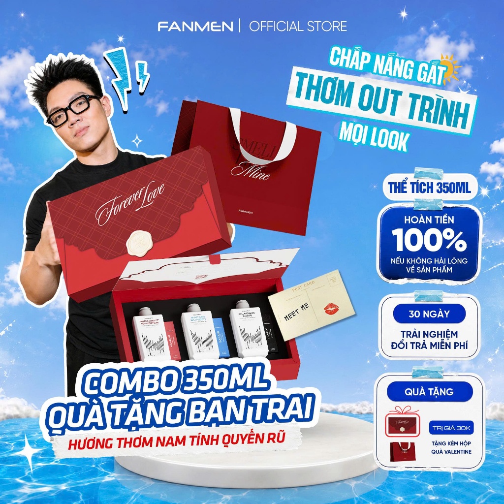 [Combo Quà Tặng Bạn Trai] Bộ 3 Sữa tắm hương nước hoa Fanmen làm sạch sâu 350ml & 3 nước hoa Fanmen 