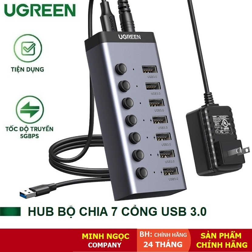 HUB Bộ chia 7 cổng USB 3.0 5Gbps vỏ nhôm, công tắc tắt bật chính hãng Ugreen 90305 (kèm nguồn 12V2A)