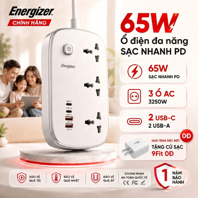 Ổ Điện Đa Năng Energizer, Ổ Cắm Điện Sạc Nhanh Type-C Chịu Tải Đến 3250W, Chính hãng, Bảo hành 1 năm