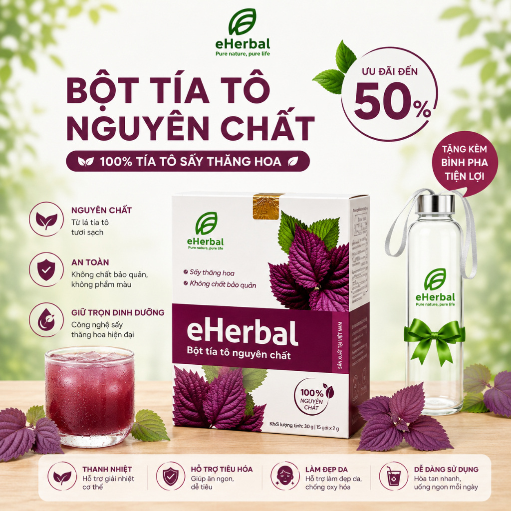 Bột Tía Tô Sấy Thăng Hoa- Eherbal - Hộp 15 gói ( không đường)