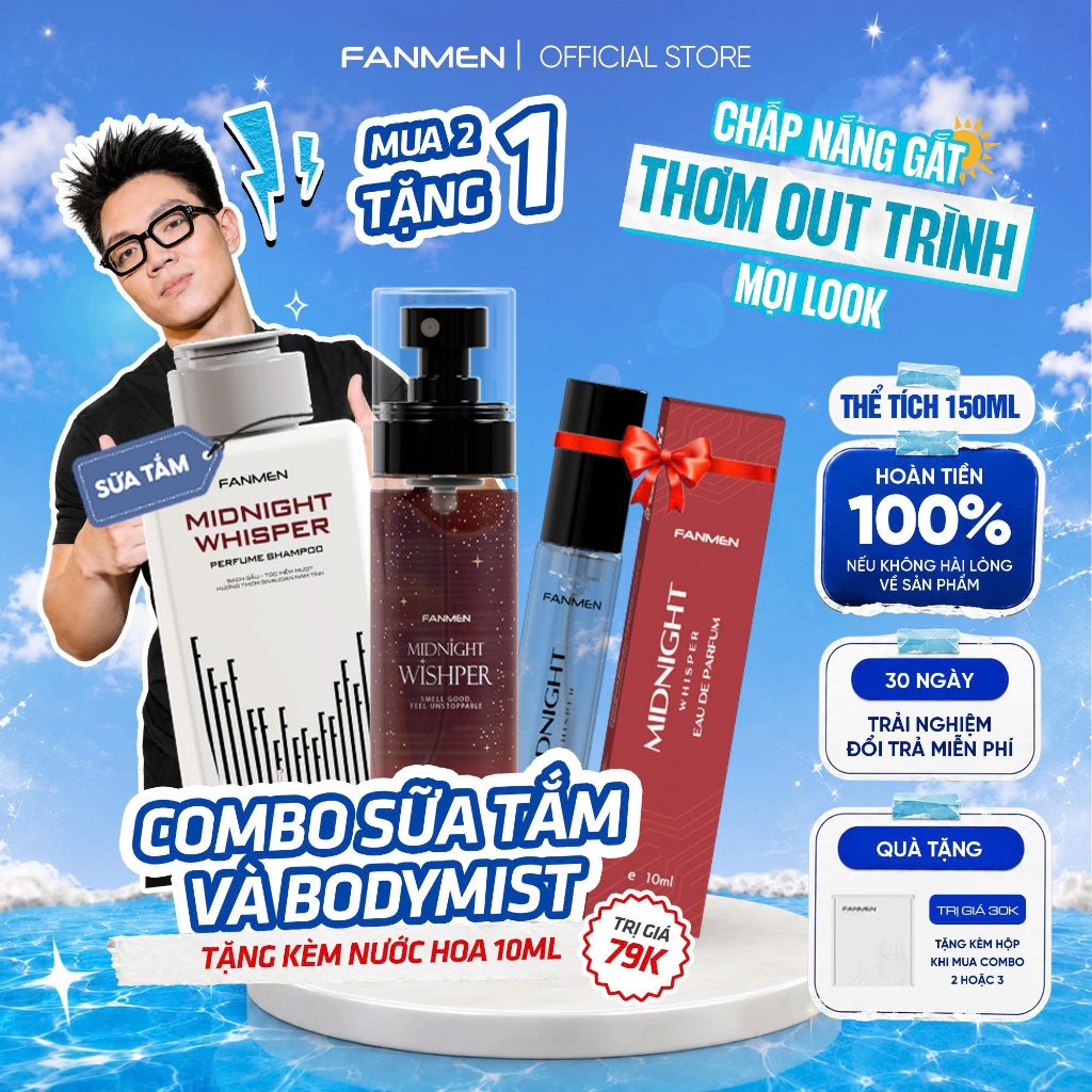 Combo Sữa tắm hương nước hoa Fanmen 150ml, Body mist Fanmen xịt thơm toàn thân hương nước hoa nam-Tặ