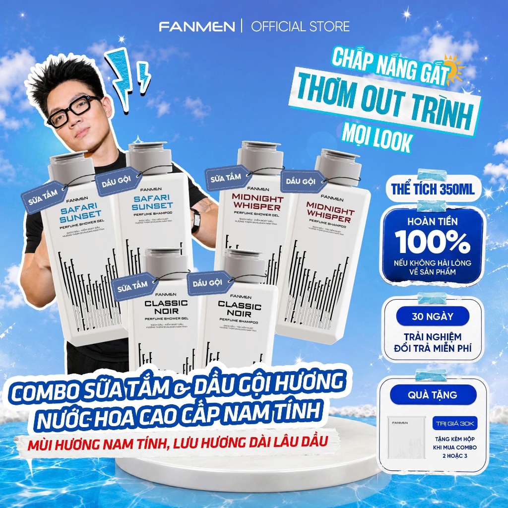 Combo Sữa tắm và Dầu gội hương nước hoa Fanmen, Sữa tắm sạch sâu cấp ẩm dưỡng da, Dầu gội sạch gàu d