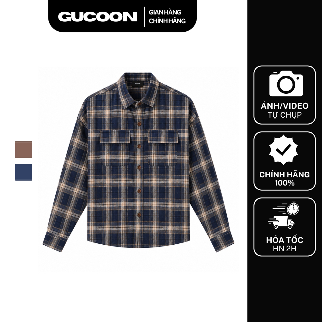 Áo Sơ Mi Nam Flannel GUCOON Form Rộng Hoạ Tiết Kẻ Ô, Áo Sơ Mi Tay Dài Nam Nữ Local Brand Nâu Xanh