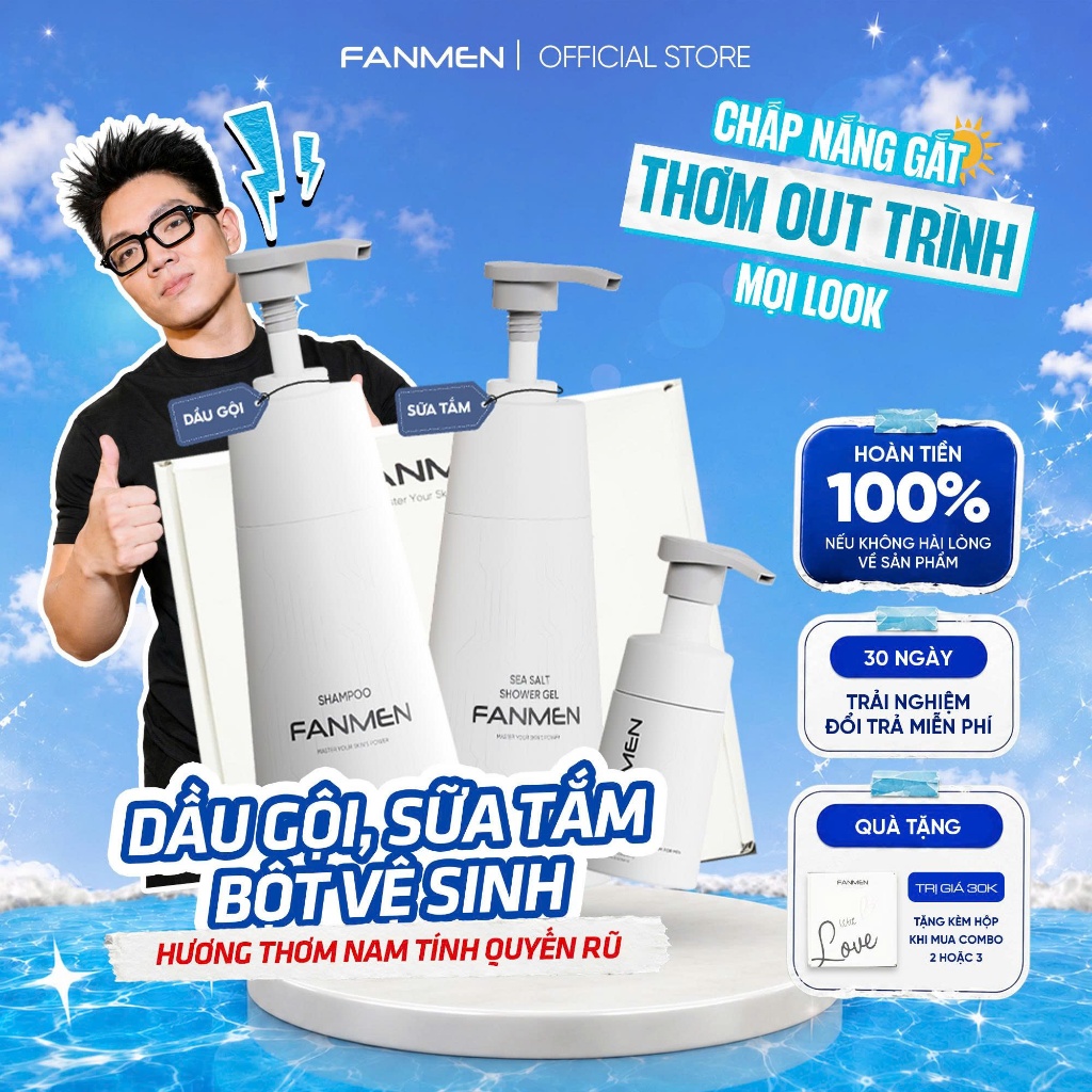 [Combo Trưởng Thành] Dầu gội sạch gàu Fanmen 350ml, Sữa tắm muối biển chết 350ml và Bọt vệ sinh nam 