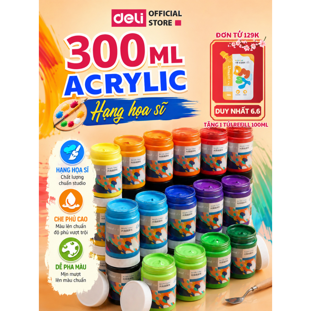 [TẶNG TÚI MÀU 100ML] Màu Nước Acrylic 3D 300ml Dmast Deli Custom Vẽ Giáy, Áo, Tranh Tường, Gốm Sứ, G