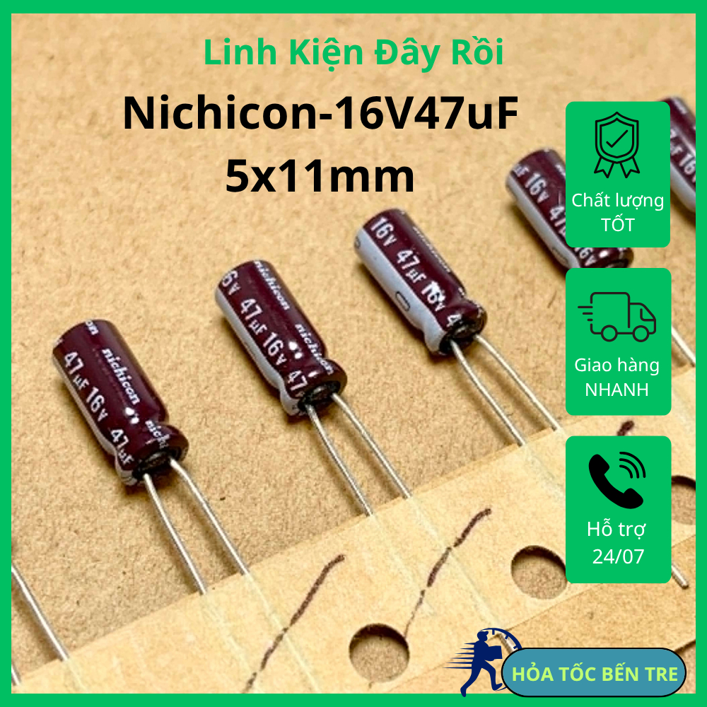 10 cái tụ điện hóa 16V47uF 16V 47uF PS hãng Nichicon kích thước 5x11mm