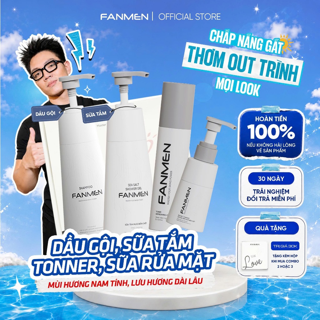 [Combo Thư Giãn] Dầu gội sạch gàu Fanmen, Sữa rửa mặt muối biển chết, Sữa tắm hương Bluesea và Toner