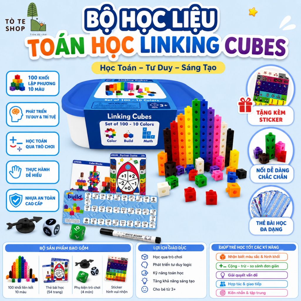 Đồ Chơi - Linking Cubes xếp hình sáng tạo, Number Blocks bé tư duy học Toán tặng Sticker