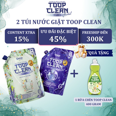 Combo 2 Túi Nước Giặt Thảo Mộc TOOP CLEAN Herbal 2,6 Kg/ Túi - Hương Hoa Thiên Nhiên / Quyến Rũ