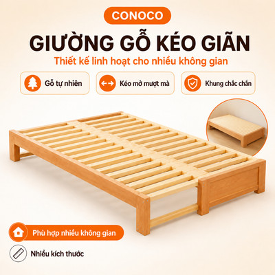 Giường gỗ kéo giãn đa năng CONOCO dễ thu gọn chắc chắn dùng cho phòng ngủ nhỏ màu tự nhiên