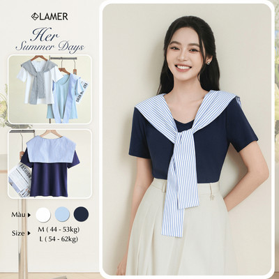 Áo Thun Cotton Nữ LAMER FASHION Cổ Tim Phối Khăn Vai Basic HSD V61B26H014