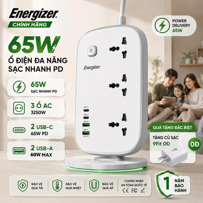 Ổ điện đa năng 3AC kèm 2USB-A và 2USB-C sạc nhanh PD 65W - Hàng chính hãng