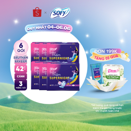 Bộ 6 gói băng vệ sinh ban đêm Diana siêu thấm Supernight 42cm 3 miếng/gói