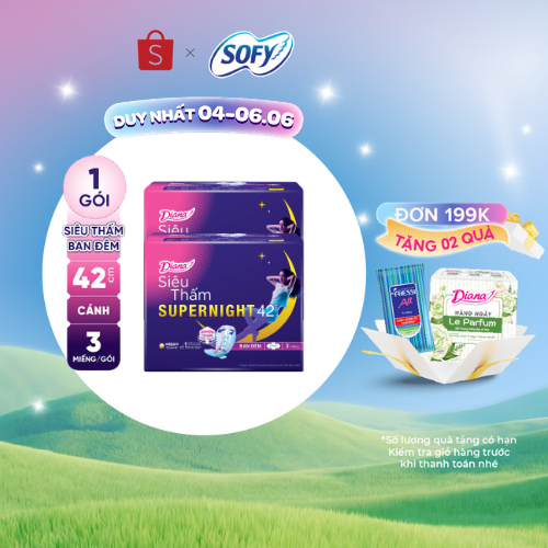 Bộ 2 gói băng vệ sinh ban đêm Diana siêu thấm Supernight 42cm 3 miếng/gói