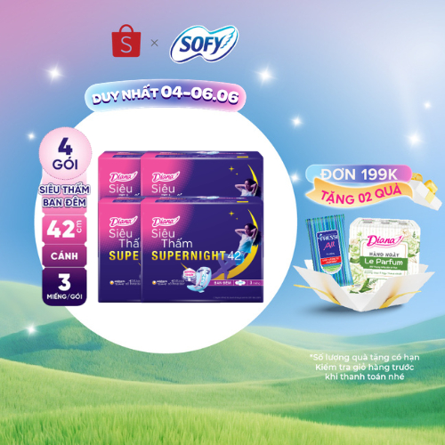 Bộ 4 gói băng vệ sinh ban đêm Diana siêu thấm Supernight 42cm 3 miếng/gói