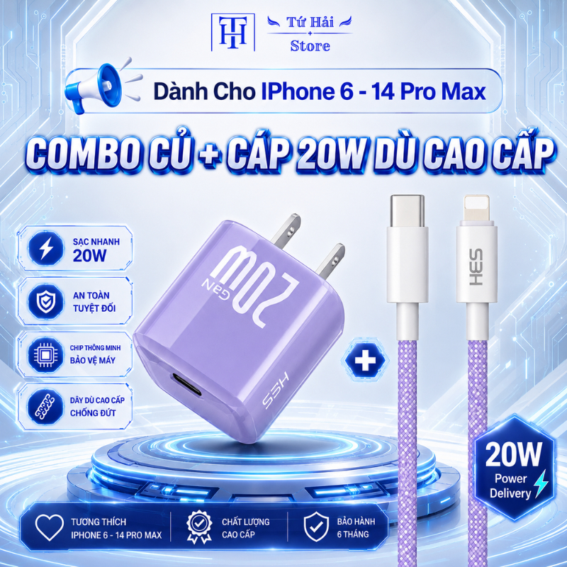 Bộ Sạc PD 20W Màu Tím Cao Cấp – Củ Sạc GaN 20W + Cáp Type-C to Lighting Bọc Dù – Dài 1m 2m 3m