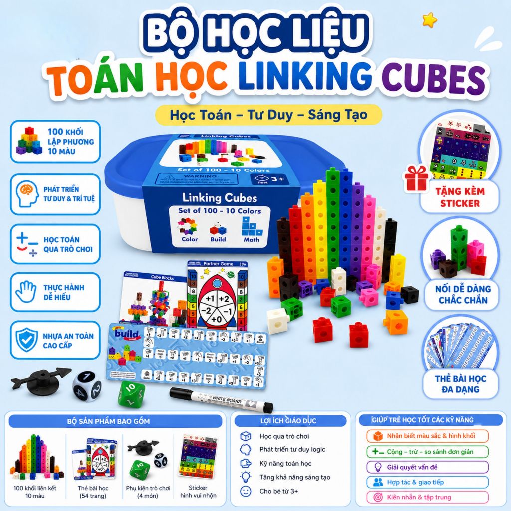Đồ Chơi - Linking Cubes xếp hình sáng tạo, Number Blocks bé tư duy học Toán tặng Sticker
