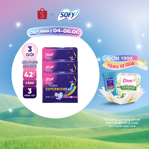 Bộ 3 gói băng vệ sinh ban đêm Diana siêu thấm Supernight 42cm 3 miếng/gói