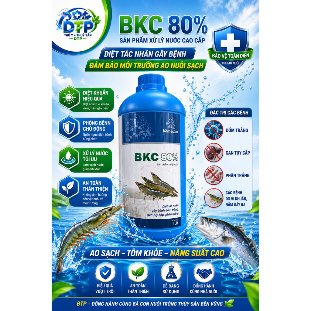 Vemedim BKC 80% tôm pha vào nước giúp ao tôm hết nấm, vi khuẩn, chai 1lit