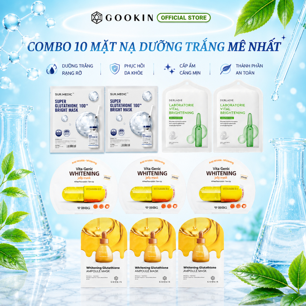 Combo 10 Mix Mặt nạ dưỡng trắng SUR.MEDIC Trắng x2+ Derladie Xanh Lá x2+ Gookin Vàng x3+ BNBG Vàng x