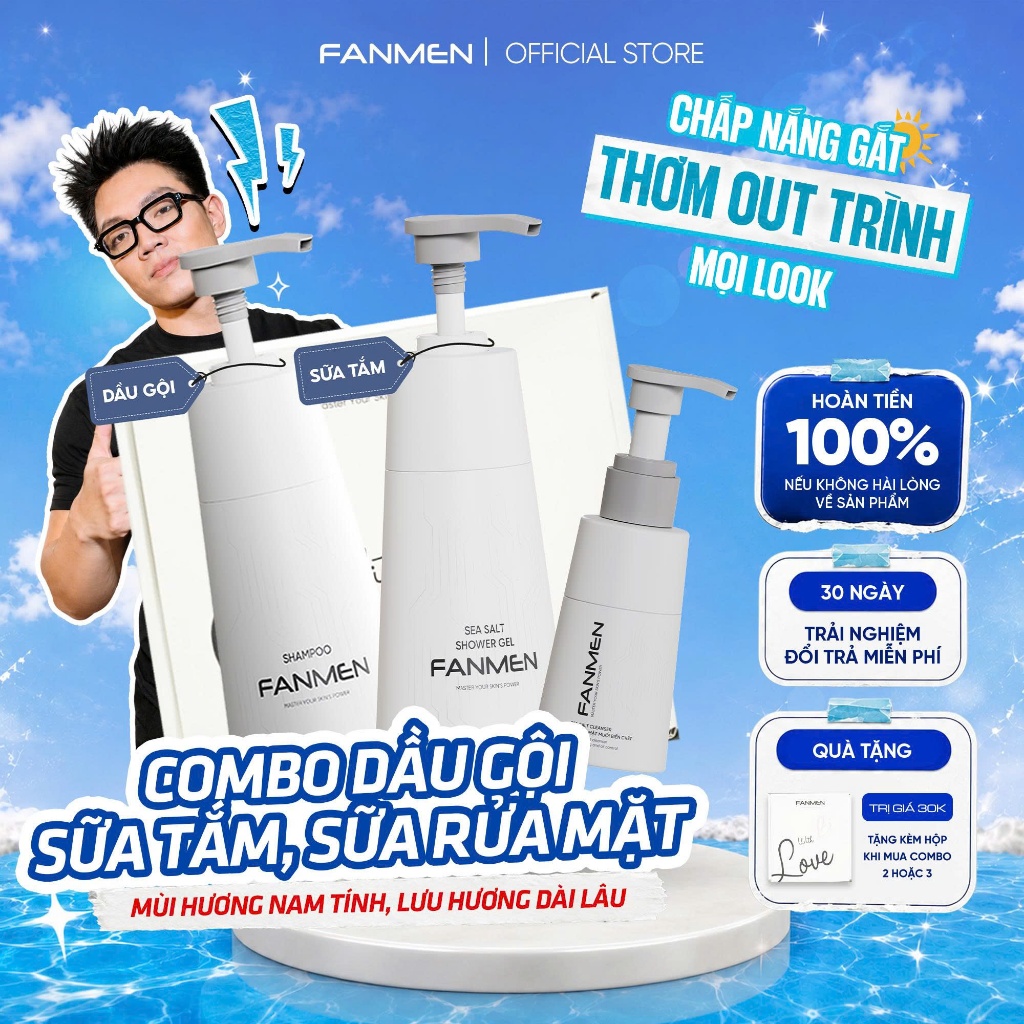 Combo Dầu gội sạch gàu Fanmen 350ml Sữa rửa mặt muối biển chết sạch sâu 100ml và Sữa tắm hương Blues