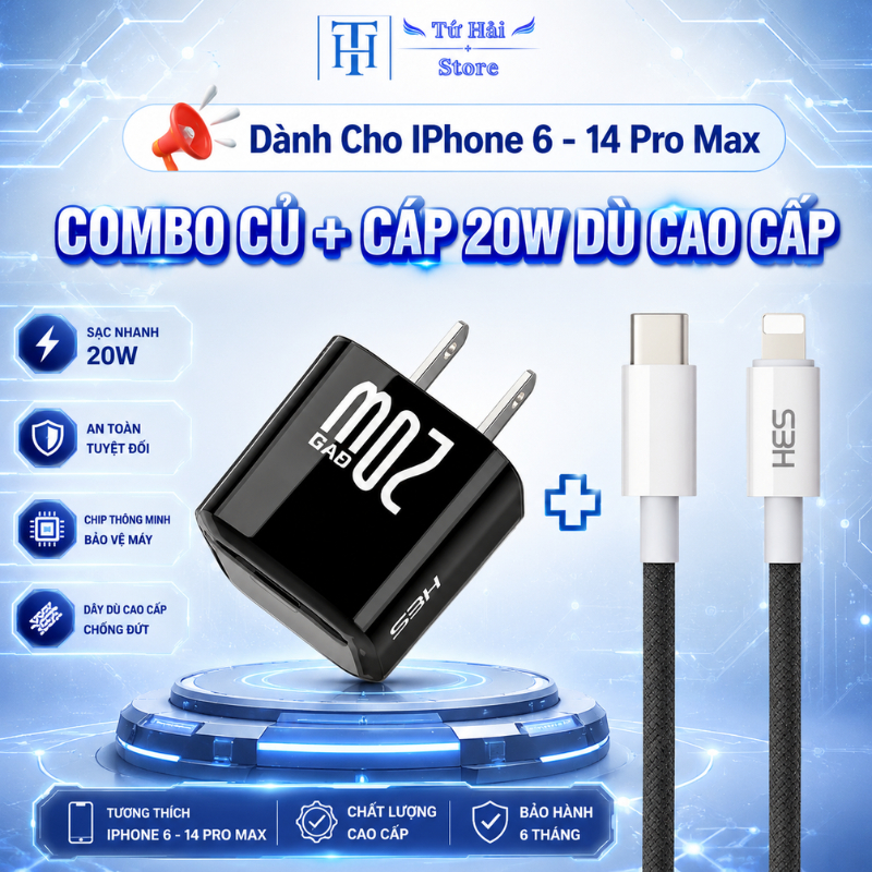 Bộ Sạc Nhanh GaN PD 20W Màu Đen Cao Cấp – Củ Sạc 20W + Cáp Type-C to Lighting Bọc Dù Dài 1m 2m 3m.