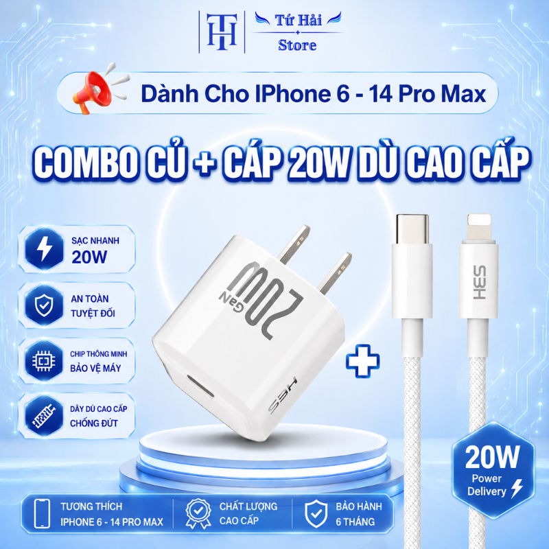 Bộ Sạc GaN PD 20W Màu Trắng Cao Cấp – Củ Sạc 20W + Cáp Type-C to Lighting Bọc Dù – Dài 1m 2m 3m