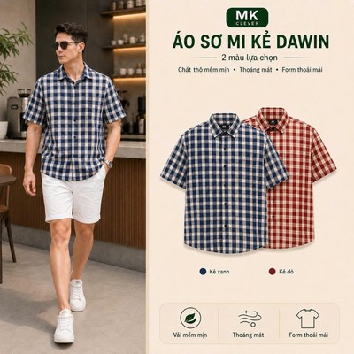 Áo Sơ Mi Kẻ nam cổ Đức Dawin MK CLEVER Chất thô mềm mịn, thoáng mát, chống nhăn, form rộng hằng ngày