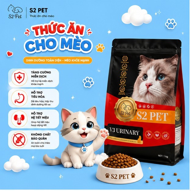 Hạt Cho Mèo S2 Pet V3 Urinary Gói 1KG Siêu topping Hỗ Trợ Tiết Niệu Búi Lông