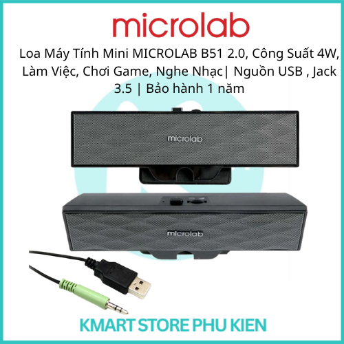 Loa Máy Tính Mini MICROLAB B51 2.0, Công Suất 4W, Làm Việc, Chơi Game, Nghe Nhạc| Nguồn USB , Jack 3