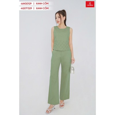 Đồ bộ nữ tách set CARDINA chất liệu linen áo sát nách cổ tròn và quần dài cạp cao ống đứng 4AKS01, 4QDT13