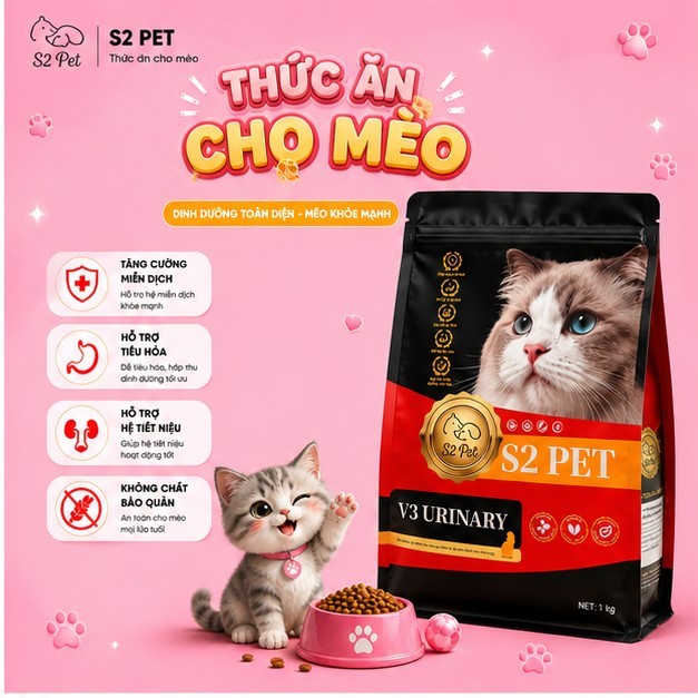 Hạt Cho Mèo S2 Pet V3 Urinary Gói 1KG Siêu topping Hỗ Trợ Tiết Niệu Búi Lông