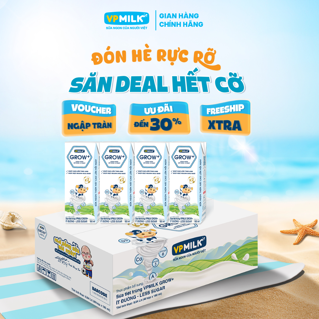 Sữa Tiệt Trùng VPMilk Grow+ Ít Đường hộp 180ml (thùng 48 hộp)