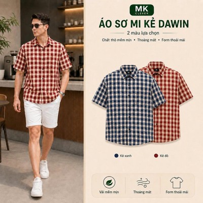 Áo Sơ Mi kẻ cổ Đức Dawin MK CLEVER Chất thô mềm mịn, thoáng mát, chống nhăn, form rộng hằng ngày
