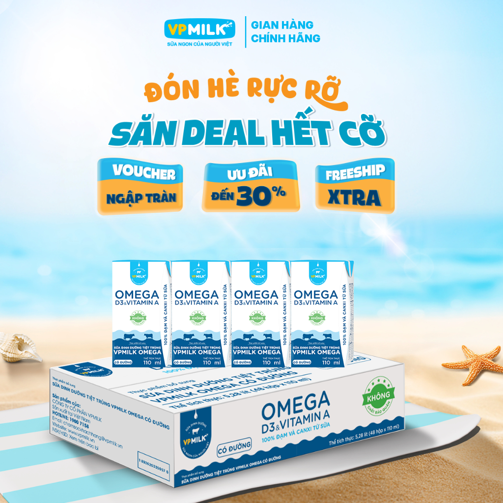 Sữa Dinh Dưỡng Tiệt Trùng VPMilk Omega Có Đường dạng hộp 110ml (thùng 48 hộp)